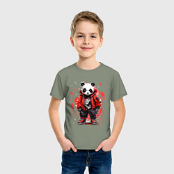 Футболка хлопковая детская Модная панда в красной куртке, цвет: авокадо — фото 2