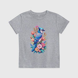 Футболка хлопковая детская Голубая сойка среди цветов, цвет: меланж