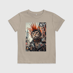 Футболка хлопковая детская Котяра панк из Нью-Йорка - нейросеть, цвет: миндальный