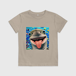 Футболка хлопковая детская Веселая акула с высунутым языком в океане, цвет: миндальный