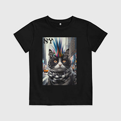 Футболка хлопковая детская Кот панк с разноцветным хаером - Нью-Йорк, цвет: черный