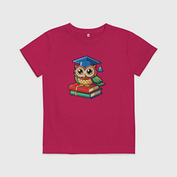 Футболка хлопковая детская Милая сова в студентскойк шапке, цвет: маджента