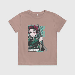 Футболка хлопковая детская Клинок рассекающий демонов Тандзиро зеленый, цвет: пыльно-розовый