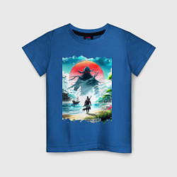 Футболка хлопковая детская Призрак Цусимы - самурай на берегу озера, цвет: синий