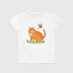 Футболка хлопковая детская Рыжий кот и пчела, цвет: белый