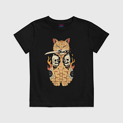 Футболка хлопковая детская Samurai yakuza cat with knife and skull, цвет: черный