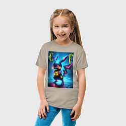 Футболка хлопковая детская Cyber Pikachu - neon glow ai art, цвет: миндальный — фото 2