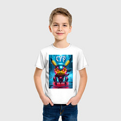 Футболка хлопковая детская Прикольный кибер Пикачу в шлеме - нейроарт, цвет: белый — фото 2
