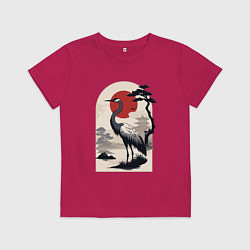 Футболка хлопковая детская Журавль и солнце в японском стиле, цвет: маджента