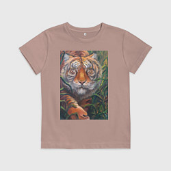 Футболка хлопковая детская Охотящийся тигр, цвет: пыльно-розовый