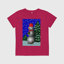 Футболка хлопковая детская Снеговичок с подарком под елкой, цвет: маджента