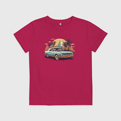 Футболка хлопковая детская Ретро автомобиль на фоне города, цвет: маджента