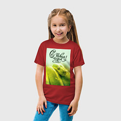 Футболка хлопковая детская Символ 2025 года зеленая змея и надпись: с новым г, цвет: красный — фото 2