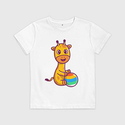 Футболка хлопковая детская Жираф играет в мяч, цвет: белый