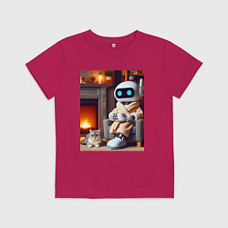 Футболка хлопковая детская Робот у камина с котом и чашкой кофе - нейроарт, цвет: маджента