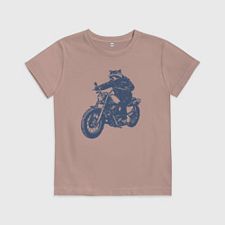 Футболка хлопковая детская Енот байкер на мотоцикле на чоппере, цвет: пыльно-розовый