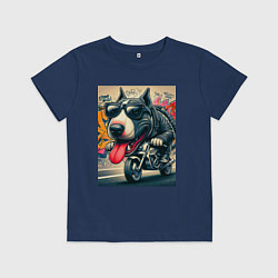 Футболка хлопковая детская Бультерьер управляет мотоциклом - граффити, цвет: тёмно-синий
