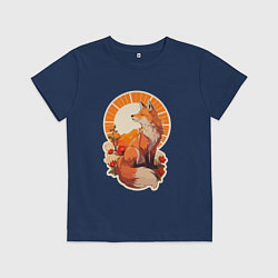 Футболка хлопковая детская Лиса и солнце в японском стиле, цвет: тёмно-синий