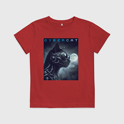 Футболка хлопковая детская Cyber black cat - ai art fantasy, цвет: красный