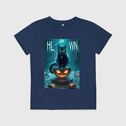 Футболка хлопковая детская Чёрный кот сидит на тыкве - хэллоуин, цвет: тёмно-синий