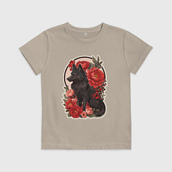 Футболка хлопковая детская Чёрный волк и красные цветы, цвет: миндальный