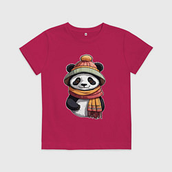 Футболка хлопковая детская Панда в шапке и шарфе, цвет: маджента