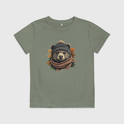 Футболка хлопковая детская Медведь в шарфе и шапке, цвет: авокадо