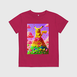 Футболка хлопковая детская Пикачу сидит на горе из монпансье, цвет: маджента