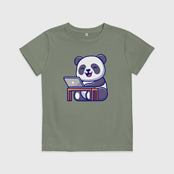 Футболка хлопковая детская Весёлая панда с ноутбуком, цвет: авокадо