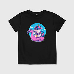 Футболка хлопковая детская Единорожек и фламинго, цвет: черный