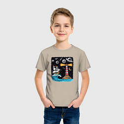 Футболка хлопковая детская Маяк и парусник, цвет: миндальный — фото 2