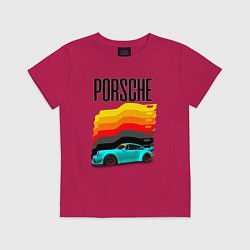 Футболка хлопковая детская Автомобиль Porsche на фоне флага Германии, цвет: маджента