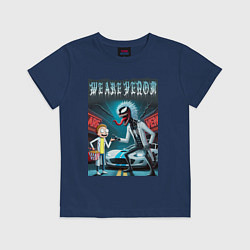 Футболка хлопковая детская Веном-Рик и Морти рядом со спортивной тачкой, цвет: тёмно-синий