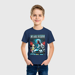 Футболка хлопковая детская Веном-Рик и Морти рядом со спортивной тачкой, цвет: тёмно-синий — фото 2