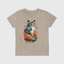Футболка хлопковая детская Волк и осенний лес, цвет: миндальный