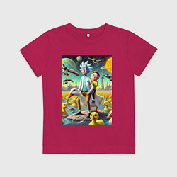 Футболка хлопковая детская Рик и Морти сидят на утке на одноимённой планете, цвет: маджента