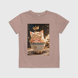 Футболка хлопковая детская Кошечка с короной в чашке, цвет: пыльно-розовый