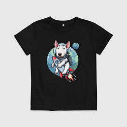 Футболка хлопковая детская Щенок бультерьера на ракете в космосе, цвет: черный