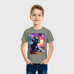 Футболка хлопковая детская Котёнок в наушниках и мышка, цвет: авокадо — фото 2