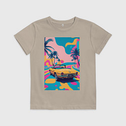 Футболка хлопковая детская Кабриолет едет по тропическому острову, цвет: миндальный