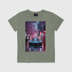 Футболка хлопковая детская Суперкар и сакура, цвет: авокадо