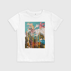 Футболка хлопковая детская Абстрактная графическая картина с пальмами, цвет: белый