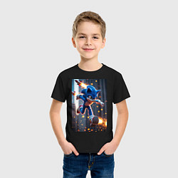 Футболка хлопковая детская Соник убегает от летящих ракет, цвет: черный — фото 2