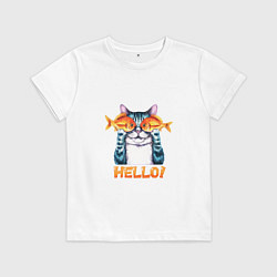 Футболка хлопковая детская Кот с рыбами вместо очков, цвет: белый
