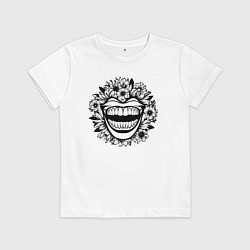 Футболка хлопковая детская Злая улыбка в цветах, цвет: белый