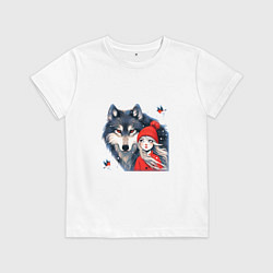 Футболка хлопковая детская Красивый серый волк и шапочка Красная, цвет: белый