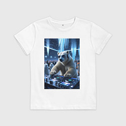 Футболка хлопковая детская Медвевь Dj на тусовке в антарктиде, цвет: белый