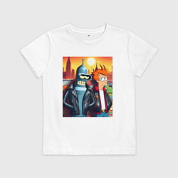 Футболка хлопковая детская Фрай и Бендер жители Нью-Йорка, цвет: белый