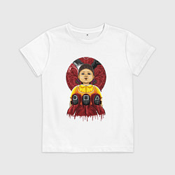 Футболка хлопковая детская Кукла и надзиратели игра в кальмара, цвет: белый