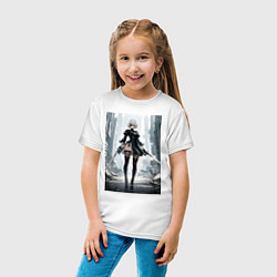 Футболка хлопковая детская Девушка-андроид с катанами посреди руин, цвет: белый — фото 2